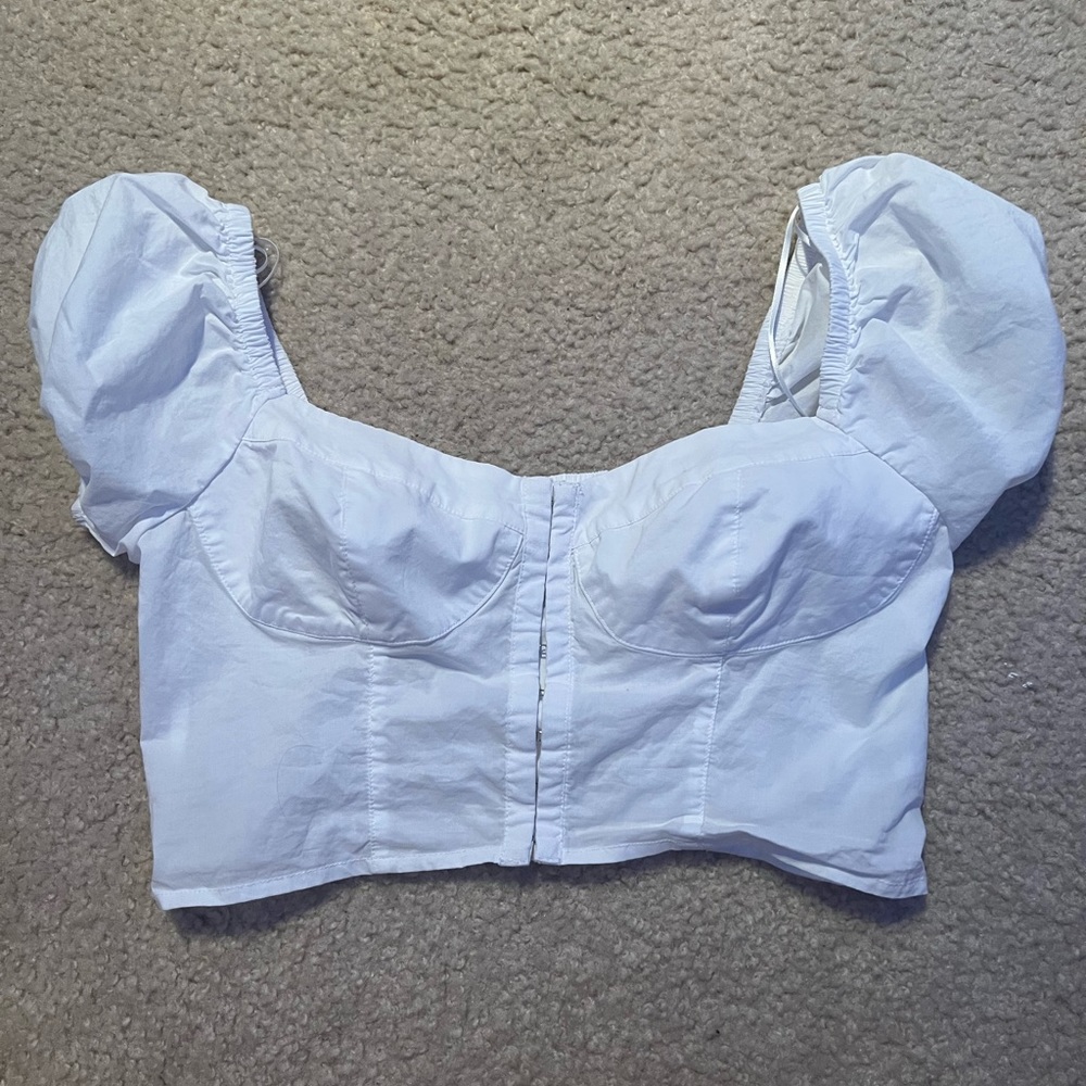 Garage, Women’s Small, white corset crop top with puffed shoulders